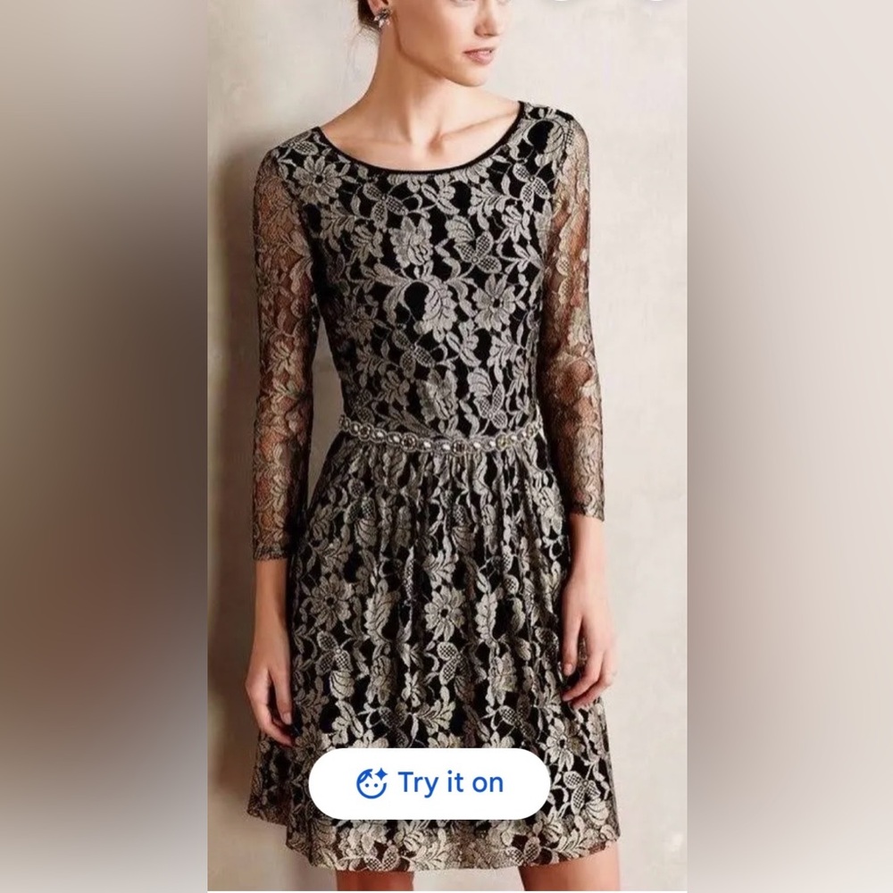 Anthropologie Maeve Shimmered Lacefall Dress Metallic Gold Lace Black Size 12
